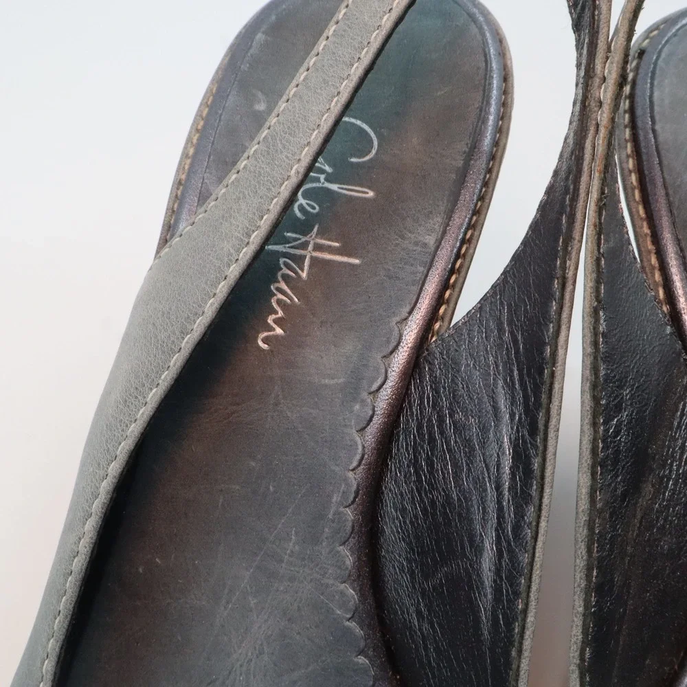 Cole Haan Wedge Sandals Womens 9 B‎ Slate Blue Leather Peep Toe Slingback D21178